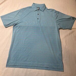 FJ Footjoy Mens Polo Shirt Blue Large Striped Short Sleeve Graphic Logo Stretchy